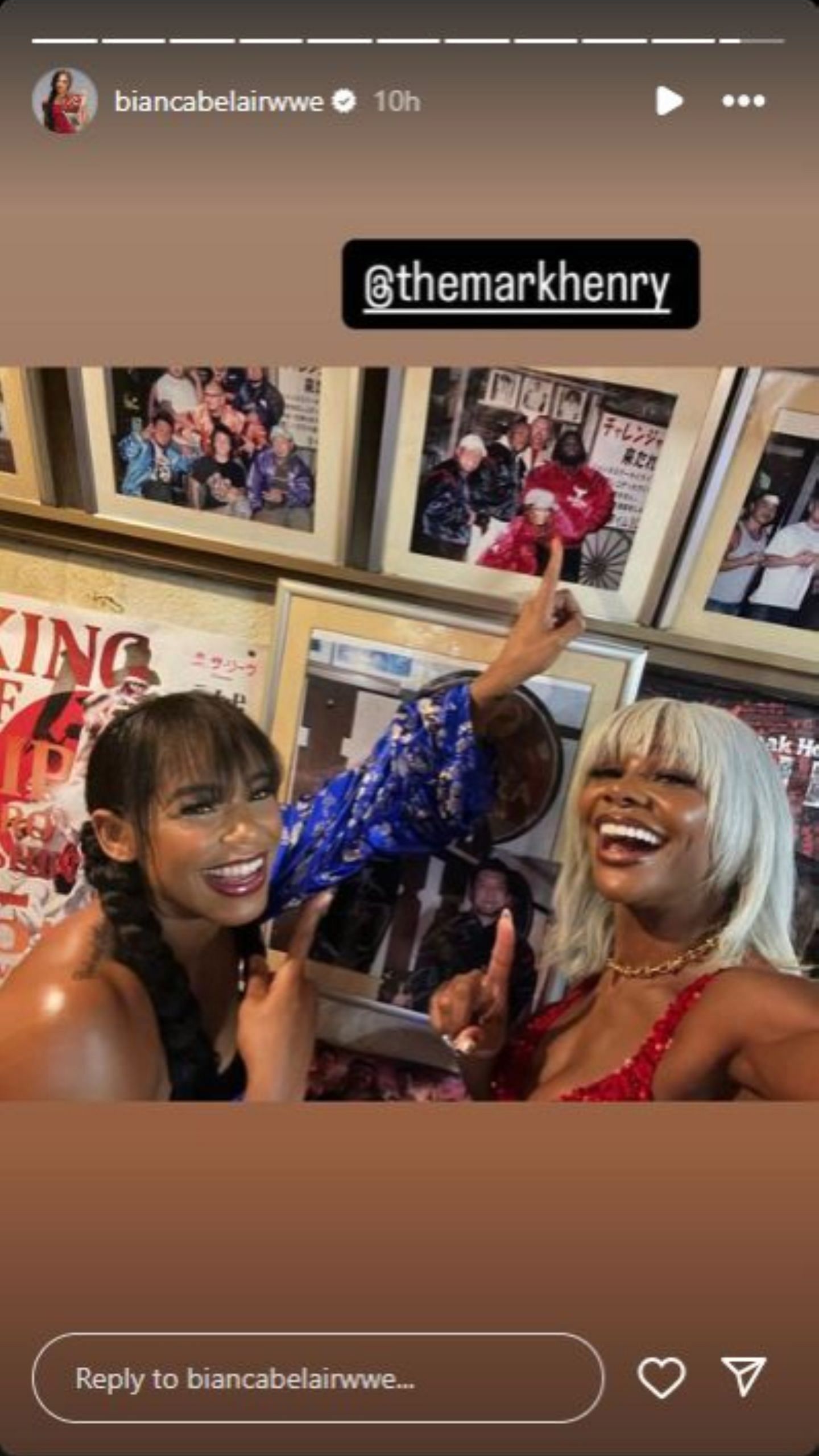 Bianca Belair and Jade Cargill spot Mark Henry at Ribera Steakhouse in Tokyo. (Photo: Screengrabbed from Bianca's IG story)